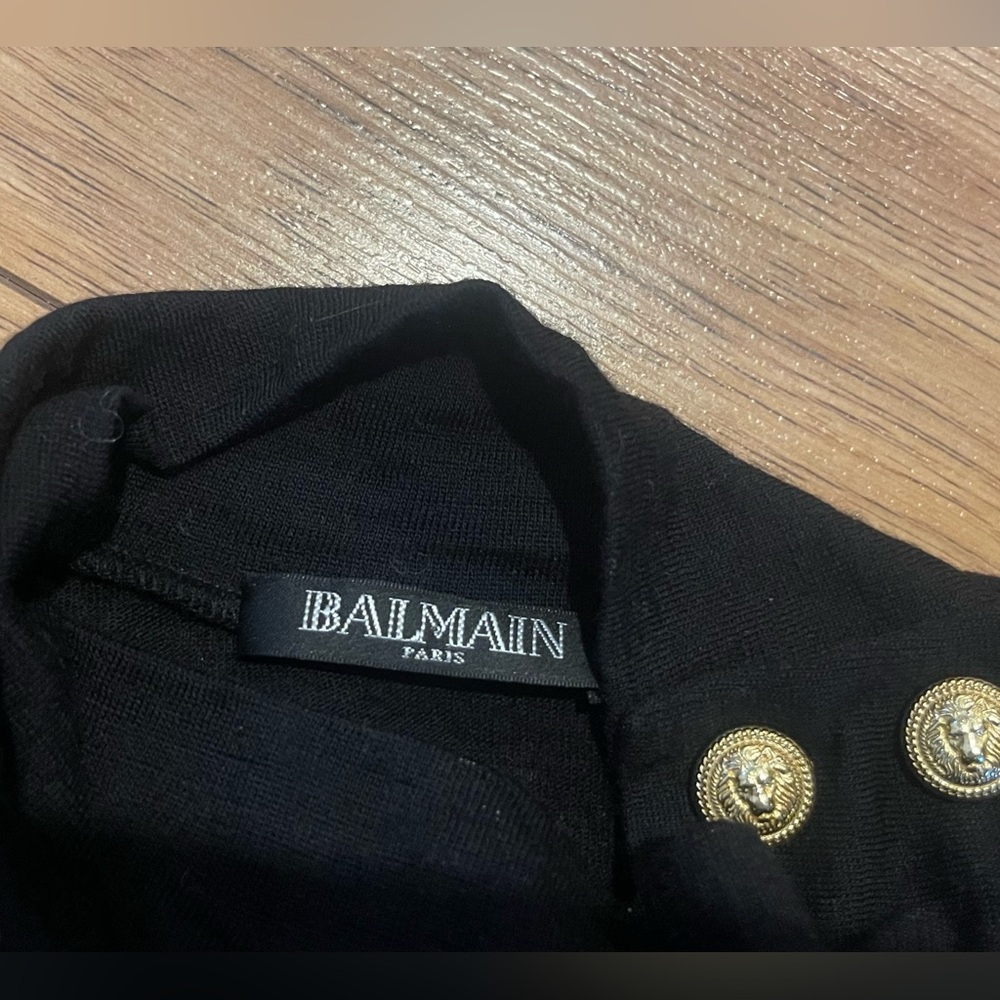 Balmain 100% wool Black Turtleneck with Gold Button Detail size 40 2 small holes - Picture 8 of 10
